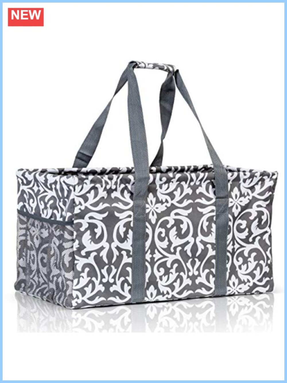 XL Utility Tote Bag Collapsible Beach Bag Damask Gray